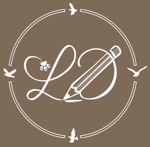 Lee Dickinson Art Logo, showing the Letters LD with a pencil and pawprint as part of the lettering, surrounded by a circle with flying birds integrated.